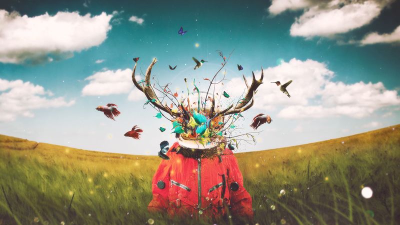 surrealism, astronaut, art, imagination, deer, horns, field, 4k