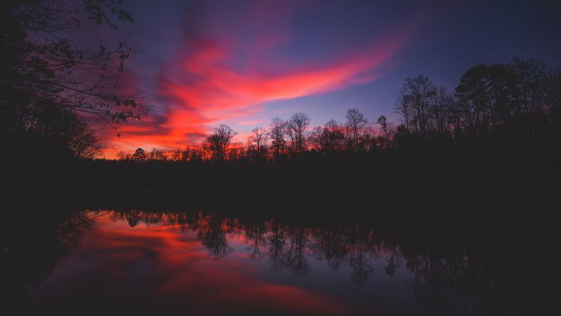 horizon, sunset, river, reflection, trees, sky, 4k