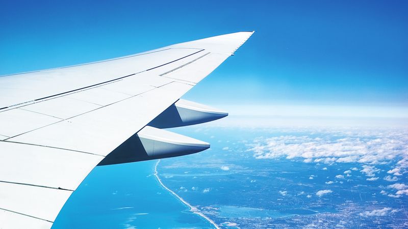 wing, plane, view from above, city, flight, ocean, 4k