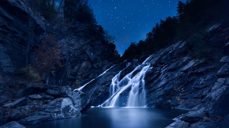 waterfall, starry sky, stones, 4k