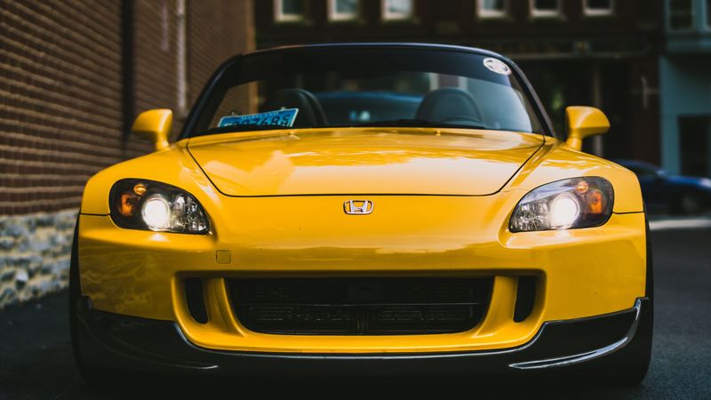 honda s2000, yellow, front view, headlights, 4k