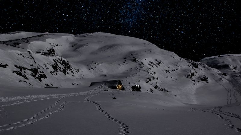 night, snow, mountains, footprints, winter, 4k
