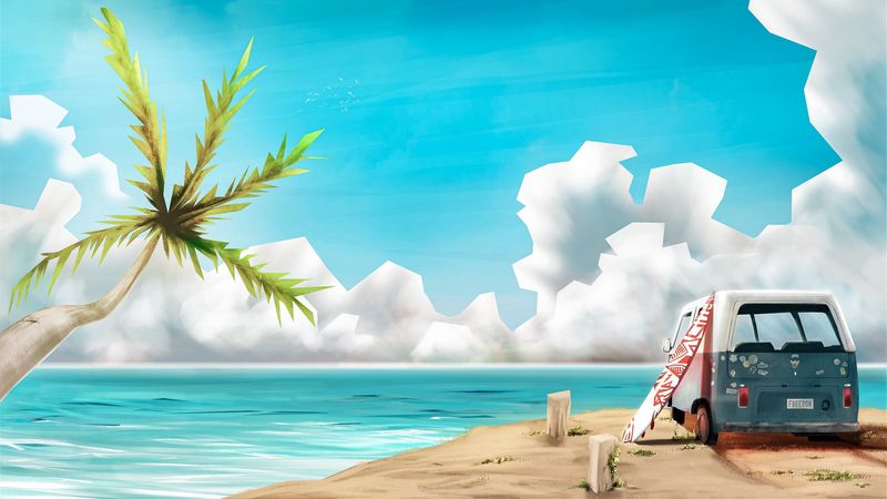 car, surfing, sea, art, 4k