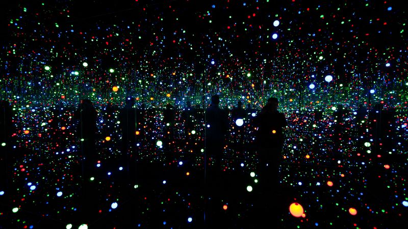 light art, circles, points, glitter, infinity, silhouettes, museum, modern art, 4k