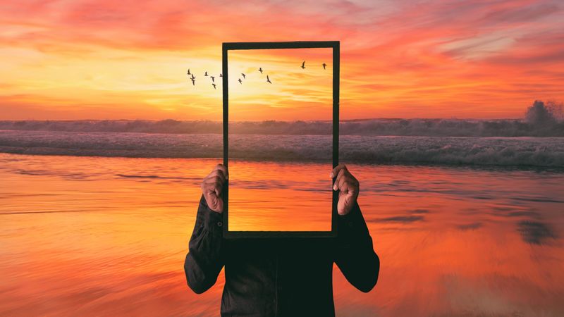 mirror, sea, photoshop, sunset, infinity, 4k