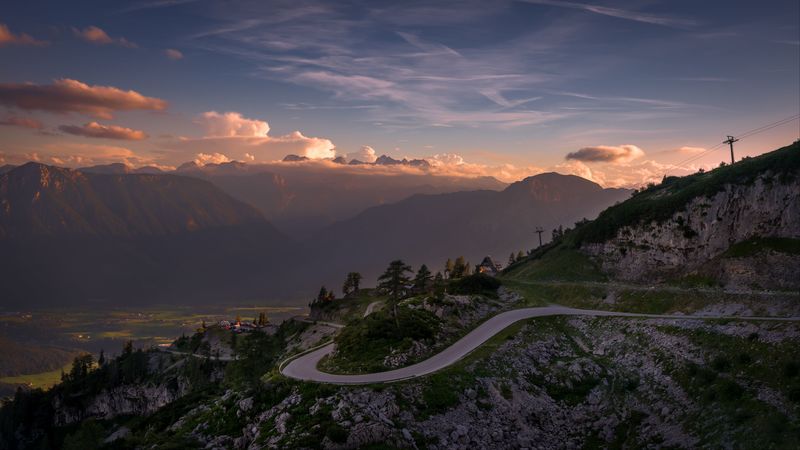 road, winding, mountains, clouds, 4k
