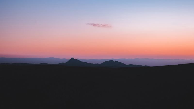 mountains, horizon, sunset, sky, fog, 4k