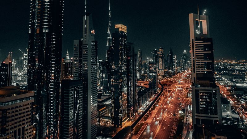 night city, road, architecture, lights, 4k