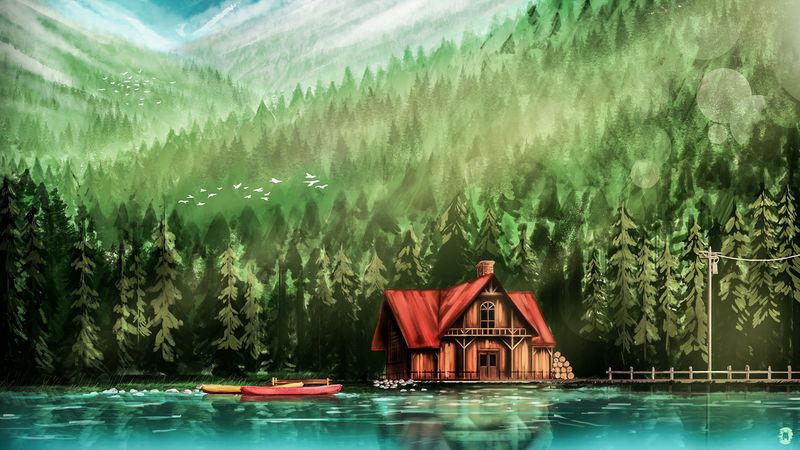 house, river, forest, art, 4k