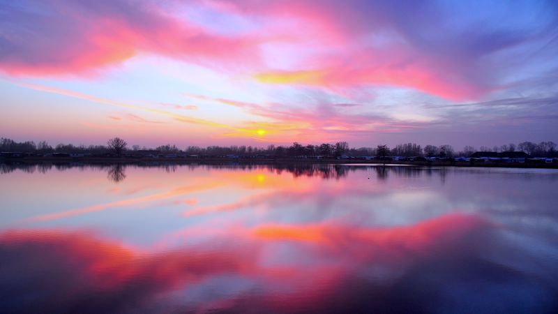 lake, sunset, reflection, sky, horizon, 4k