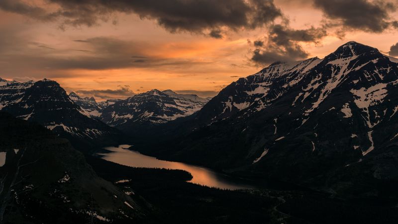 mountains, sunset, top, lake, clouds, 4k