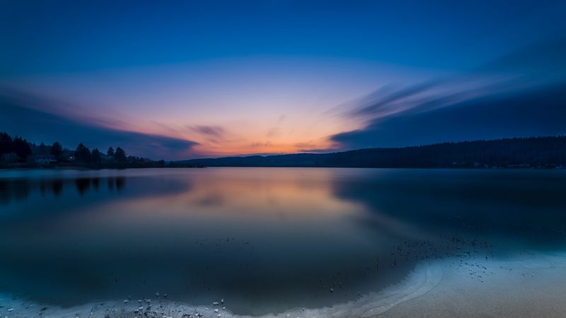 lake, sunset, horizon, 4k