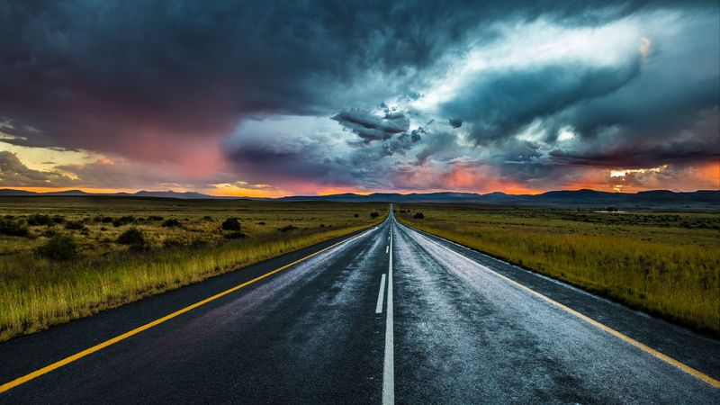 road, marking, evening, clouds, horizon, 4k