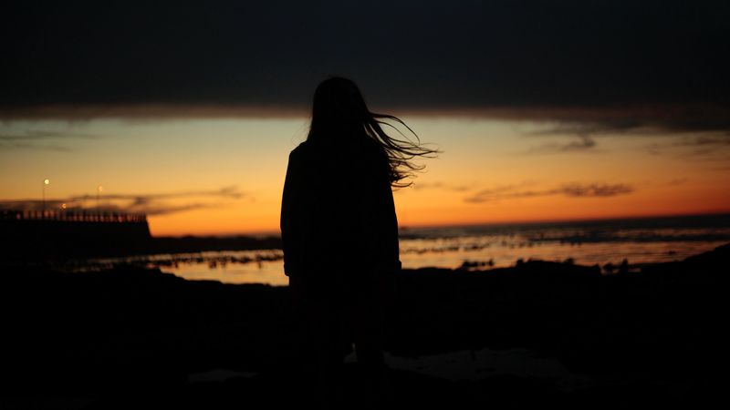girl, silhouette, night, hair, wind, 4k