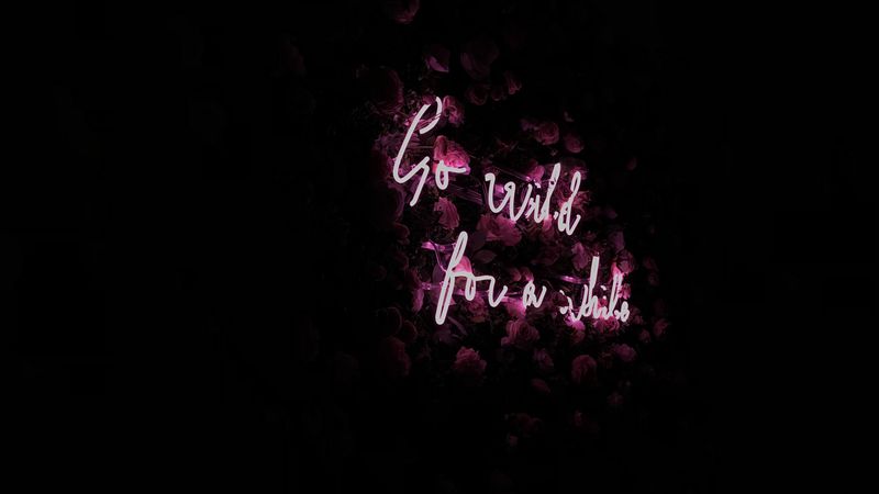 inscription, neon, backlight, flowers, black background, 4k