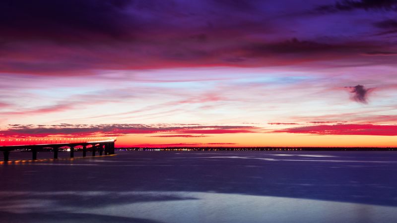 bridge, sky, sunset, horizon, 4k