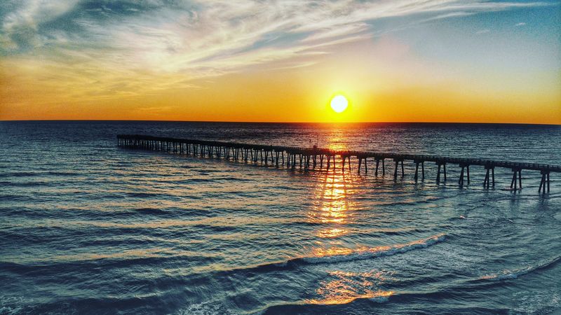 pier, sea, sunset, horizon, 4k
