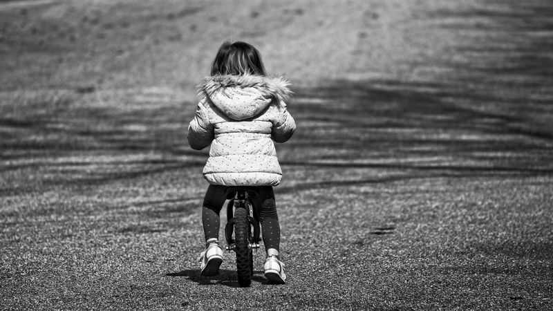 child, bicycle, bw, childhood, 4k