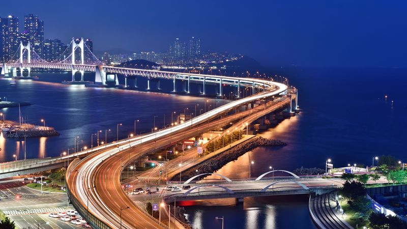 bridge, night city, skyscrapers, city lights, 4k