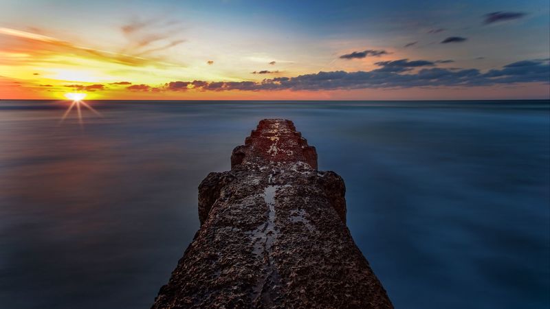 breakwater, sea, skyline, sunset, 4k