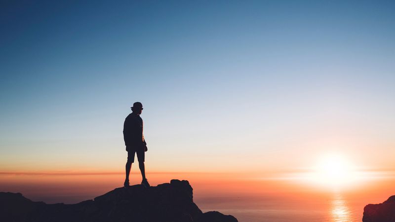 man, rock, sea, horizon, 4k