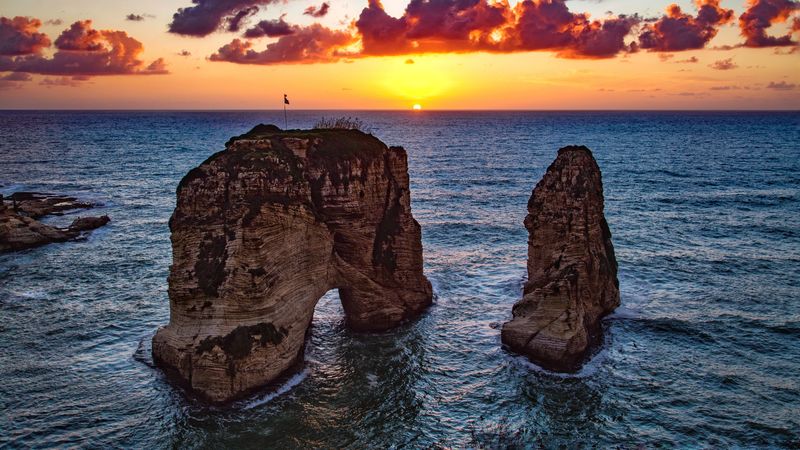 raouche rocks, beirut, lebanon, sea, sunset, 4k