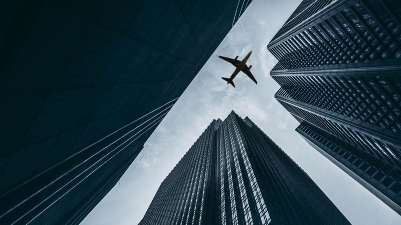 airplane, buildings, skyscrapers, sky, 4k