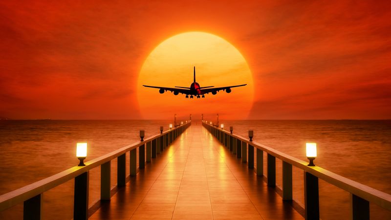 airplane, photoshop, sunset, wharf, 4k