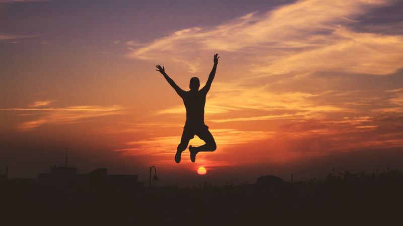 man, silhouette, jump, sky, sunset, 4k
