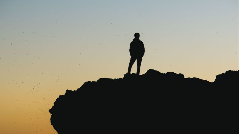 silhouette, sunset, horizon, rock, 4k