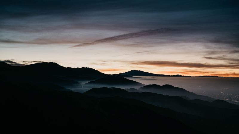 mountains, fog, sky, night, 4k