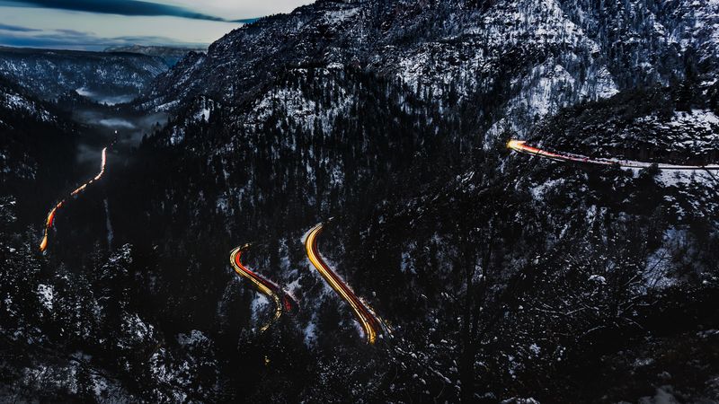mountains, road, light, snowy, top, 4k