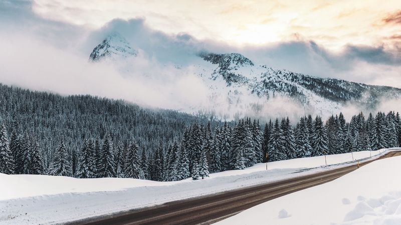 winter, snow, road, mountains, fog, 4k