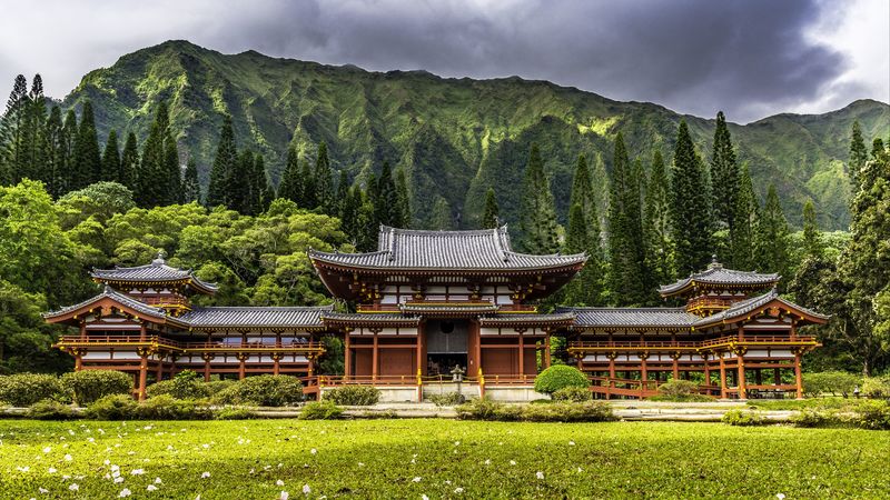 building, mountains, landscape, 4k