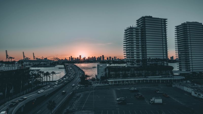 city, bridge, sea, sunset, 4k