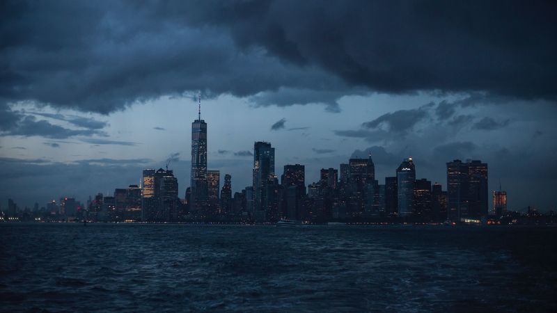 night city, panorama, sea, shore, 4k