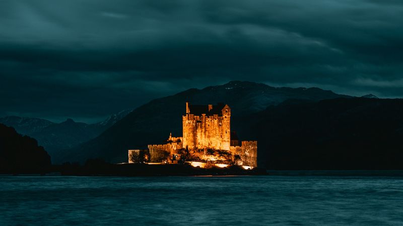 castle, island, night, dark, 4k