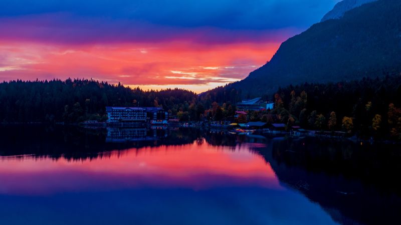 bavaria, germany, sunset, lake, buildings, 4k