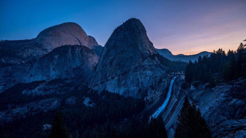 waterfall, mountains, evening, sky, trees, 4k