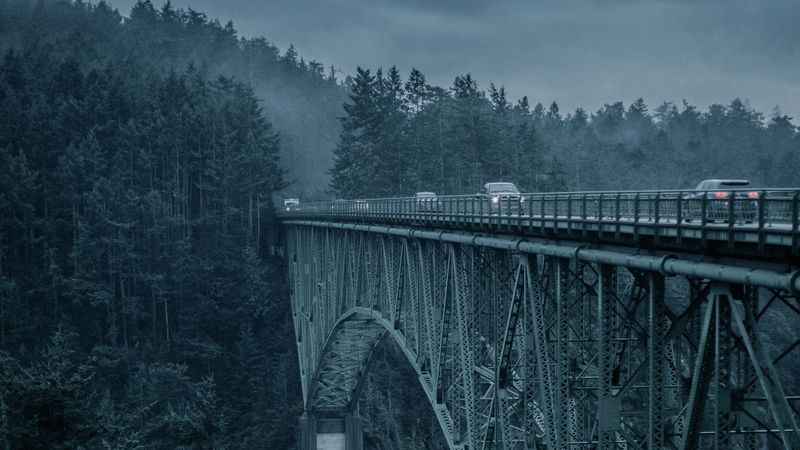 bridge, mountains, cars, evening, 4k