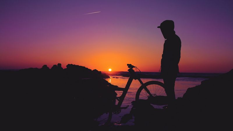 man, silhouette, bicycle, sunset, 4k