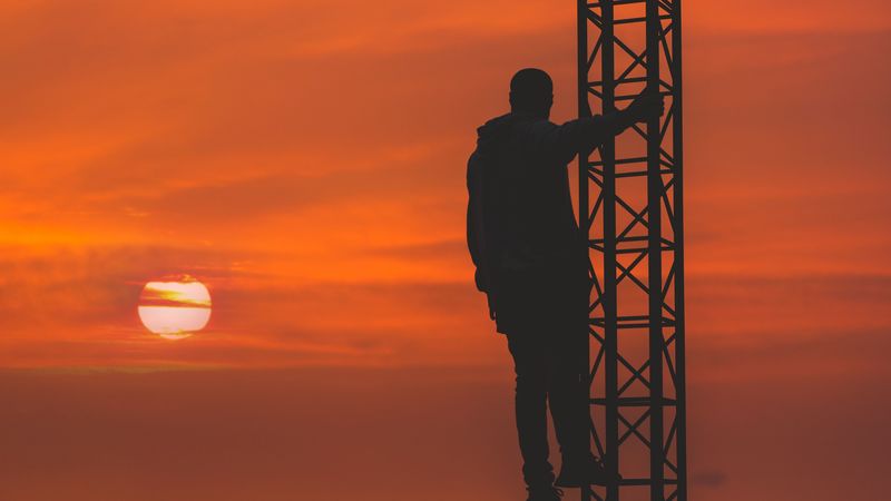 man, silhouette, height, sky, 4k