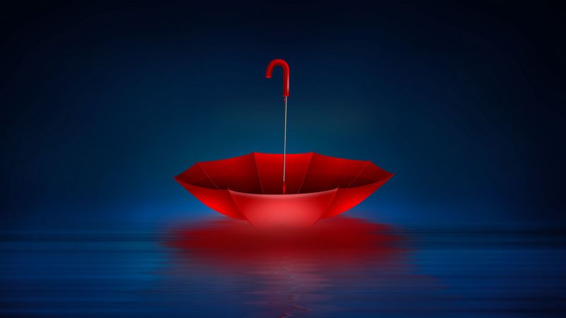 umbrella, red, sea, art, 4k