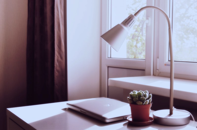an indoor shot of a pink painted room interiors with a succulent potted plant beside an apple laptop and a desk lamp on a table beside a window, laptop and lamp on table 4k