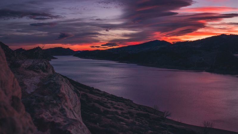 mountains, river, sunset, sky, 4k