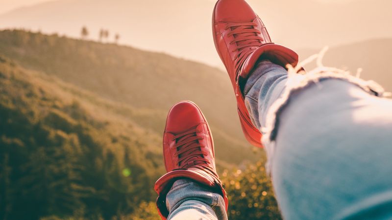 sneakers, legs, red, mountains, 4k