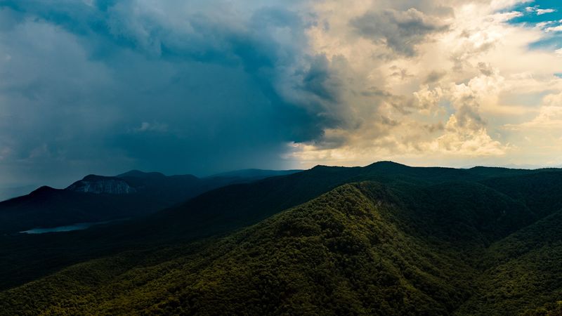 mountains, hill, trees, clouds, 4k