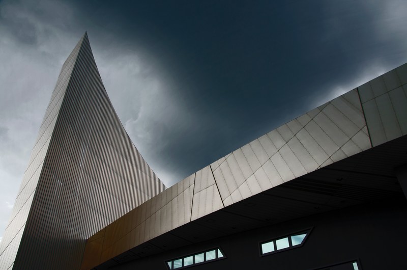 the silver curved facade of imperial war museum north in manchester, silver curved facade 4k