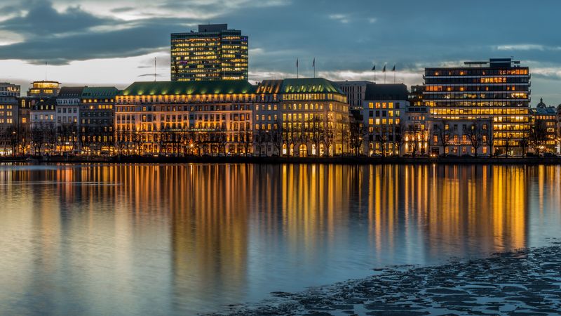 hamburg, germany, buildings, river, 4k