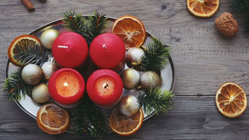 candles, christmas, spruce, oranges, 4k